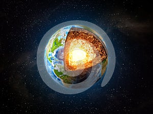 Earth core structure. Cross section of planet with visible layers on space backround.Elements of this image furnished by NASA