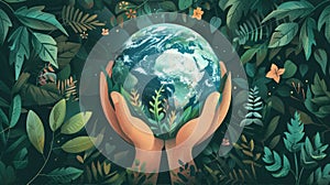 Earth Cradled in Hands Surrounded by Flora and Fauna