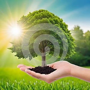 Earth crystal ball and growing tree in the hand of a man, on a green background. Saving the planet, ecology concept. Postcard for