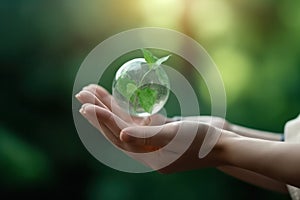 Earth crystal glass ball and a growing tree in a human hand