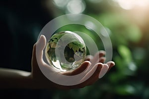 Earth crystal glass ball and a growing tree in a human hand