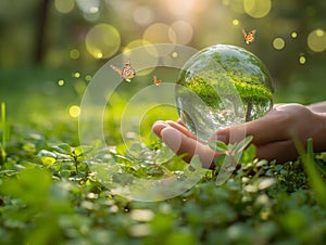 Earth crystal glass globe ball in human hand, flying butterflys, green grass background