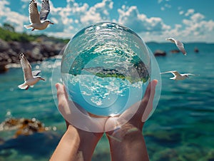 Earth crystal glass globe ball in human hand, flying seagulls, blue sea background