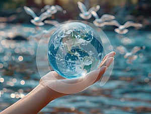 Earth crystal glass globe ball in human hand, flying seagulls, blue sea background