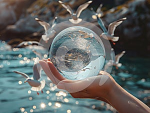 Earth crystal glass globe ball in human hand, flying seagulls, blue sea background