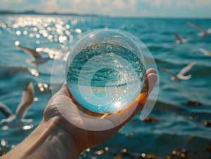 Earth crystal glass globe ball in human hand, flying seagulls, blue sea background