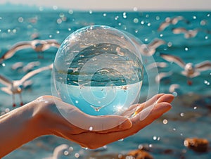 Earth crystal glass globe ball in human hand, flying seagulls, blue sea background