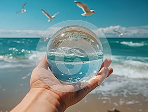 Earth crystal glass globe ball in human hand, flying seagulls, blue sea background