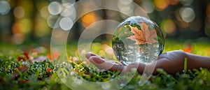 Earth crystal glass globe ball and maple leaf in human hand on grass background. Saving environment, saving clean green