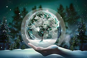 Earth crystal glass globe ball and tree in hand saving the environment in winter night landscape. snowy forest and fir branches.