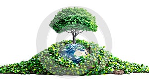 Earth Day, 3D Earth, globe with a robust tree green leaves, generated ai