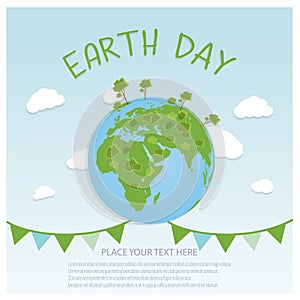 Earth Day Background concept. Flat Illustration design. hands holding a globe with buildings and trees.