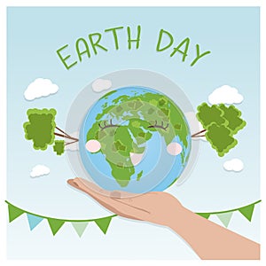 Earth Day Background concept. Flat Illustration design. hands holding a globe with buildings and trees.