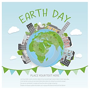 Earth Day Background concept. Flat Illustration design. hands holding a globe with buildings and trees.
