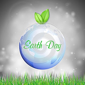 Earth Day background with the words, blue planet, green leaves and grass. Vector illustration