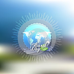 Earth Day background with the words, world map and green leaves. Blurred design vector illustration