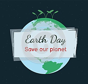 Earth Day banner with glob and green leaves on space background