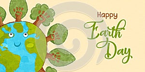 Earth Day banner green tree hand team cartoon