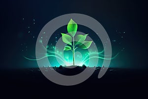 Earth day banner, young green sprout growing on soil, ecology concept, organic food. Generative AI