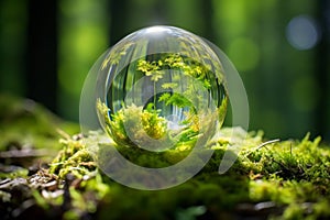 Earth Day. Beautiful Green Globe in Serene Forest with Lush Moss and Dreamy Defocused Sunlight