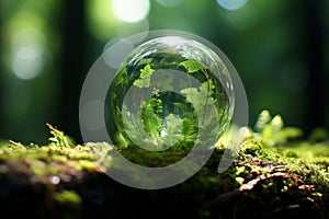 Earth Day. Beautiful Green Globe in Serene Forest with Lush Moss and Soft Abstract Sunlight