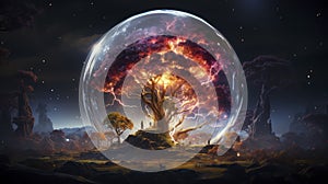 Earth Day Concept: cinematic shot of a biosphere in a bubble with vivid aura and an impressive tree of life inside floating in