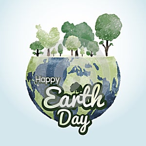 Earth day concept design of watercolor tree and world vector illustration