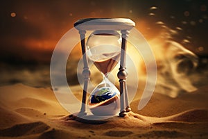 Earth day concept - Earth inside an hourglass, with sand running out to signify the urgency of environmental action