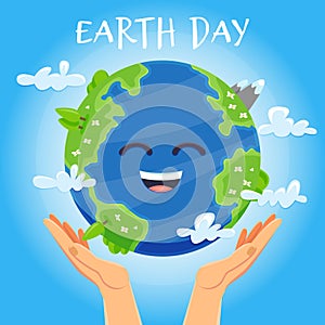 Earth day concept. Human hands holding floating globe in space. Save our planet.