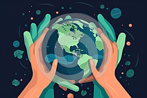 Earth day concept Human hands holding floating globe in space Save our planet Flat style vector isolated illustration. Generative