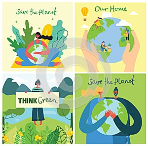 Earth day concept. Human hands holding floating globe in space. Save our planet. Flat vector isolated illustration.