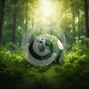 Earth day concept illustration with green globe. World environment day design element. AI generated