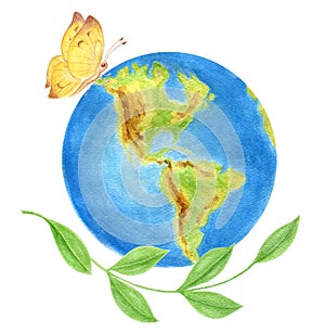 Earth Day concept with planet, butterfly and green branch for banner or greeting card. World Environment Day. Saving planet.