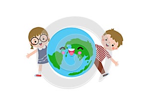 Earth day, cute kids save the world, world environment day, on white background vecter illustration flat style.