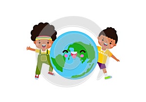 Earth day, cute kids save the world, world environment day, on white background vecter illustration flat style.