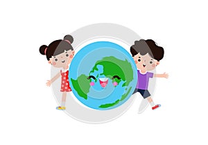 Earth day, cute kids save the world, world environment day, on white background vecter illustration flat style.