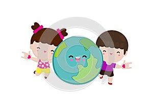 Earth day, cute kids save the world, world environment day, on white background vecter illustration flat style.