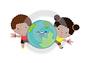 Earth day, cute kids save the world, world environment day, on white background vecter illustration flat style.