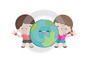 Earth day, cute kids save the world, world environment day, on white background vecter illustration flat style.