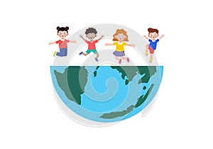 Earth day, cute kids save the world, world environment day, on white background vecter illustration flat style.