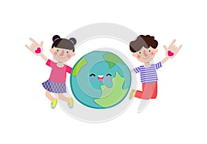 Earth day, cute kids save the world, world environment day, on white background vecter illustration flat style.