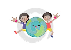 Earth day, cute kids save the world, world environment day, on white background vecter illustration flat style.