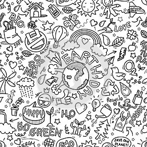 Earth day doodles seamless pattern background. hand drawn of Earth day, Ecology , go green, clean power doodle set