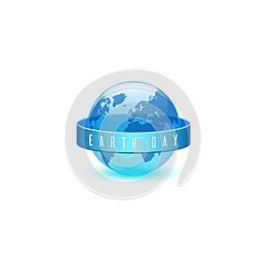 Earth day ECO emblem, world environment day concept, slogan of words on ribbon, translucent plastic blue 3d ball in the form of