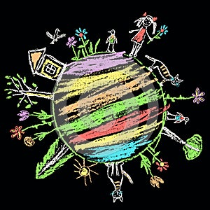 Earth day eco friendly. Like kids hand drawn doodle colorful vector art on black board.
