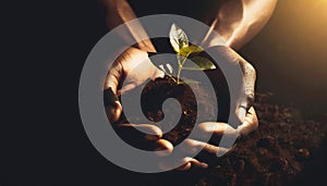 Earth Day, environment, ecology concept. Hands holding young plant growing in soil