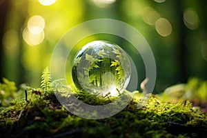 Earth day - environment - green globe in forest with moss and defocused abstract sunlight