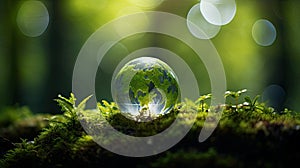 Earth Day, the environment, and a green globe nestled in a forest adorned with moss, defocused abstract sunlight to