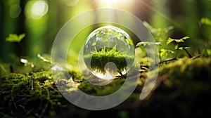 Earth Day, the environment, and a green globe nestled in a forest adorned with moss, defocused abstract sunlight to