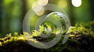 Earth Day, the environment, and a green globe nestled in a forest adorned with moss, defocused abstract sunlight to